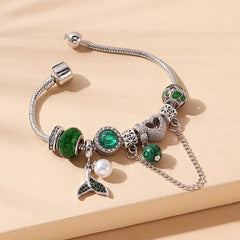 Green Beaded Bracelet Fishtail Shape With Hollow Chain Pendant Mixed Hollow Heart Shape Beads With Snake Chain