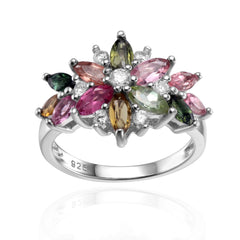 Natural Multicolor Tourmaline Flower Ring Sterling Silver Gemstone Rings