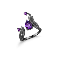 1.43Ct Natural Amethyst Gemstone Rings 925 Sterling Silver Handmade Adjustable Angel's Wing Ring Bijoux