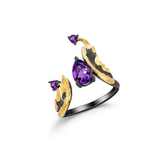 1.43Ct Natural Amethyst Gemstone Rings 925 Sterling Silver Handmade Adjustable Angel's Wing Ring Bijoux