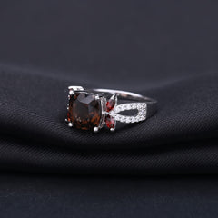 Sterling Silver Natural Smoky Quartz Garnet Rings & Clip Earrings Set