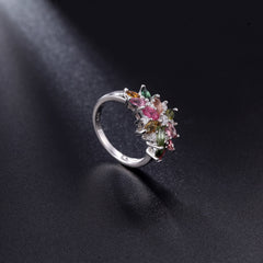 Natural Multicolor Tourmaline Flower Ring Sterling Silver Gemstone Rings