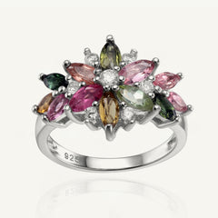 Natural Multicolor Tourmaline Flower Ring Sterling Silver Gemstone Rings